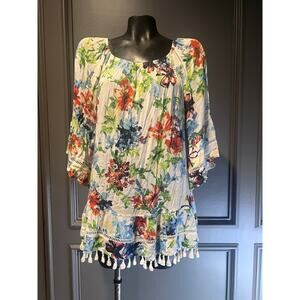 Ali Miles Floral Tunic Women’s S Elastic Neckline Lace Hemline Boho Beach Casual